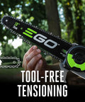 Close-up of Cordless Pole Saw with 10-inch bar and tool-free tensioning, ideal for tree trimming, PS1000 model