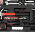 148 Piece Iron Household Tool Set in red with plastic toolbox, showing various tools including hammer, pliers, and 3M tape measure.
