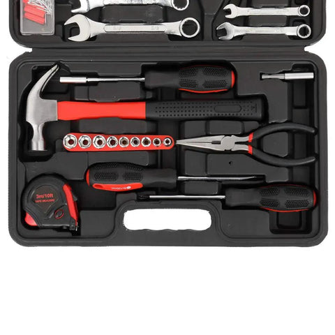 148 Piece Iron Household Tool Set in red with plastic toolbox, showing various tools including hammer, pliers, and 3M tape measure.