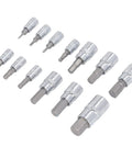 Complete Hex Bit Socket Set With 13 Essential Pieces Covering 2mm To 14mm With Versatile 1/4 3/8 And 1/2 Inch Drive displayed in a row.