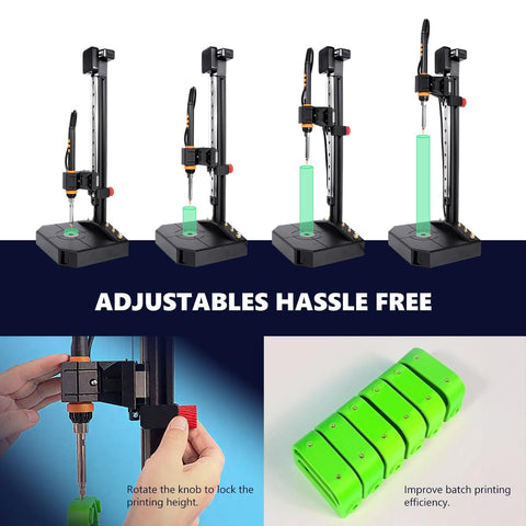 Vertical Heat Set Insert Press Tool With 90W Soldering Iron For 3D Printing, adjustable height, shown with threaded inserts