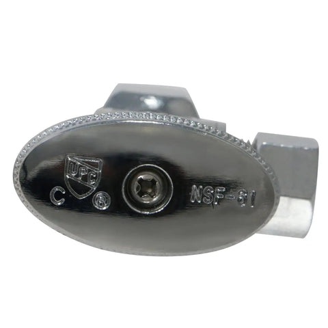 Close-up of One Half Inch Female NPT to Three Eighths Inch OD Compression Angle Ball Valve, durable metal finish, side view.