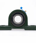 Front view of UCP206-18 pillow block bearing with green cast-iron housing and 1-1/8 in bore