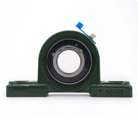 Front view of UCP206-18 pillow block bearing with green cast-iron housing and 1-1/8 in bore