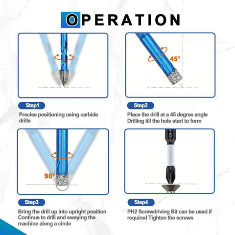 Step-by-step operation guide for Badass Dry Diamond Tile Drill Bit Set With Magnetic Phillips Ph2 Screwdriver Bits.