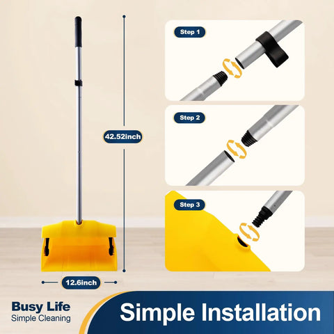 Commercial Dustpan With Windproof Cover For Indoor Outdoor Cleanup In Courtyard Garage Lobby Mall Market Floor Home Kitchen Office Pet Hair Garbage Heavy Duty Cleaning Tool For Quick Big Jobs; 42.52 in tall, 12.6 in wide dustpan assembly steps.