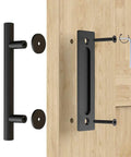 Two Pack 12 Inch Sliding Barn Door Handles Matte Black Hardware With Flush Finger Pull, Double Sided Design, Solid Steel on wooden door