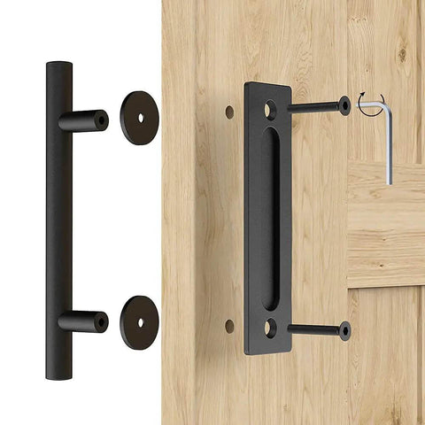Two Pack 12 Inch Sliding Barn Door Handles Matte Black Hardware With Flush Finger Pull, Double Sided Design, Solid Steel on wooden door