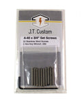 Package of 4-40 x 3/4 inch stainless steel set screws with one hex key, label J.T. Custom visible