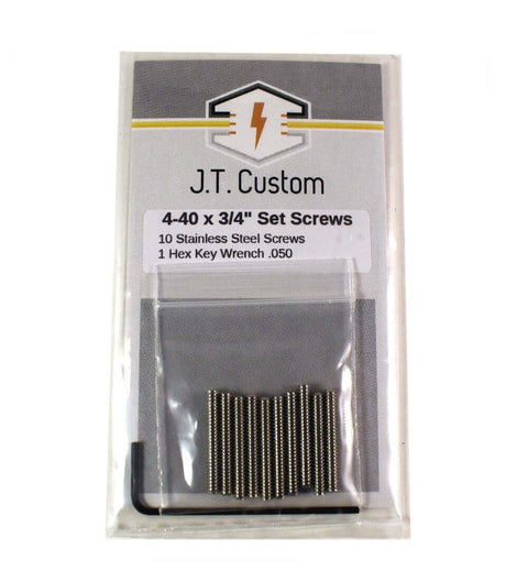 Package of 4-40 x 3/4 inch stainless steel set screws with one hex key, label J.T. Custom visible
