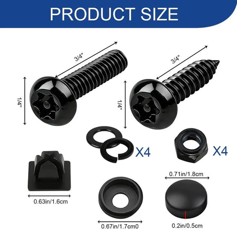 Top Shelf Heavy Duty Anti Theft License Plate Screws Kit Featuring Rust Resistant Stainless Steel Bolts and Security Fasteners for Cars Trucks with size details.