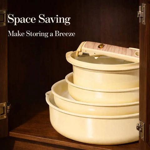 Detachable Handle Ceramic Cookware Set, 18-Piece Nonstick Pots and Pans for RV and Camping stacked in a cupboard.