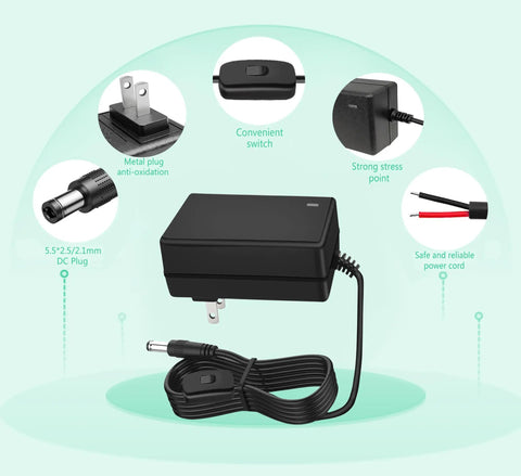 24V 2A LED Strip Power Supply With On Off Switch For Easy Control, 100-240V AC To Direct Current Converter, 5.5mm X 2.5mm Plug And Play Ready, 6.2ft Cable, Safe Durable Build, Ideal For Home Theater Accent Lighting And DIY LED Projects.