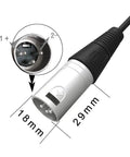 Close-up of 3-pin XLR connector for 60W Lithium Scooter Battery Charger for LASHOUT Electric Bike and Mobility Chairs 29.4V 2A Replacement Charger Compatible With Jazzy Power Chair Pride Hoveround Schwinn S300 S350 S400 S500 and More measuring 18mm by 29mm.