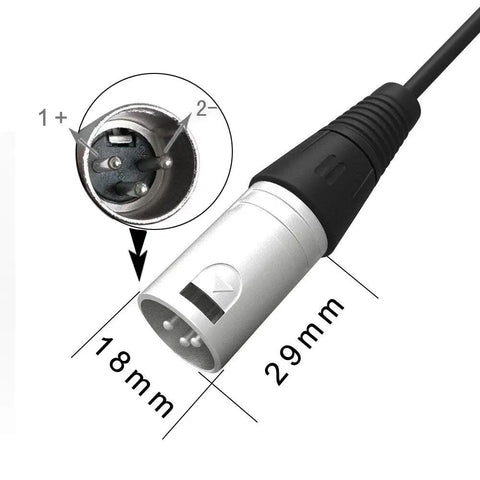 Close-up of 3-pin XLR connector for 60W Lithium Scooter Battery Charger for LASHOUT Electric Bike and Mobility Chairs 29.4V 2A Replacement Charger Compatible With Jazzy Power Chair Pride Hoveround Schwinn S300 S350 S400 S500 and More measuring 18mm by 29mm.