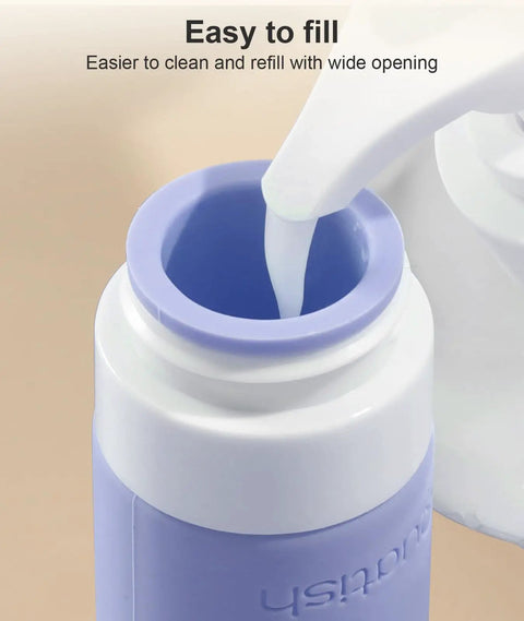 Close-up of Leakproof Travel Bottles 6 Pack, 3 Oz TSA Approved Refillable Silicone Container being filled with liquid