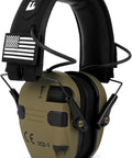 Electronic Ear Protection For Shooting With 5X Sound Amplification And Active Hearing Protection For Gun Range NRR 23dB Noise Reduction Headphones For Hunting Amplifies Safe Sounds With Hi Gain Microphones For Clear Natural Hearing Range Ready in brown with black headband and American flag patch