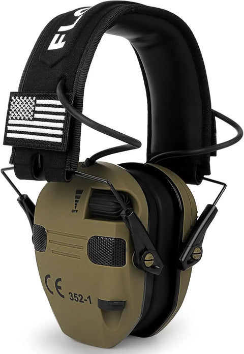 Electronic Ear Protection For Shooting With 5X Sound Amplification And Active Hearing Protection For Gun Range NRR 23dB Noise Reduction Headphones For Hunting Amplifies Safe Sounds With Hi Gain Microphones For Clear Natural Hearing Range Ready in brown with black headband and American flag patch