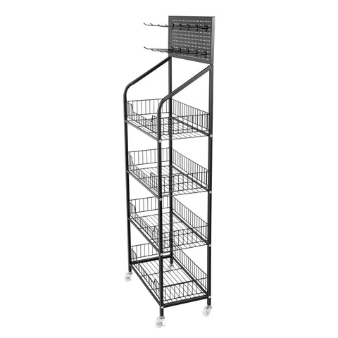 Four Tier Metal Wire Display Rack And Snack Candy Organizer With Ten Hooks Smooth Rolling Wheels And Rock Solid Design For Top Shelf Retail Setup And Hassle Free Sorting In Black