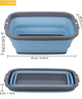 Two Pack Collapsible Sink With 2.25 Gallon Capacity Each Foldable Dish Tub shown collapsed and expanded, dimensions in inches.