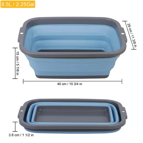Two Pack Collapsible Sink With 2.25 Gallon Capacity Each Foldable Dish Tub shown collapsed and expanded, dimensions in inches.
