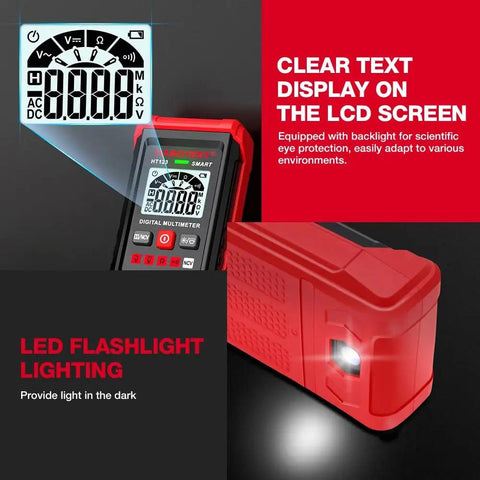 Your Go To Digital Multimeter With LED Backlight Non Contact Voltage Detection showing LCD and side flashlight in action