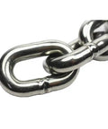 Close-up of Top Shelf AISI 316 Stainless Steel Anchor Chain link showing quarter inch diameter design for boats.