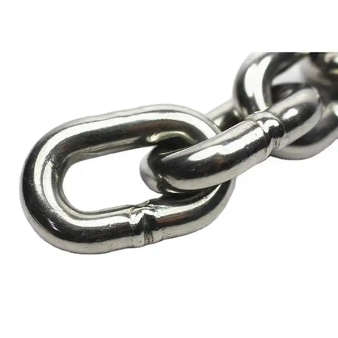 Close-up of Top Shelf AISI 316 Stainless Steel Anchor Chain link showing quarter inch diameter design for boats.