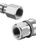Two stainless steel 3/8 in NPT quick-connect adapters (male and female) with threaded interiors.