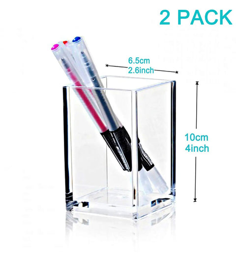 Clear Acrylic Pencil Pen Holder Cup Set 2 Pack for Desk Accessories Storage Makeup Brush Organizer, size 2.6x2.6x4 Inches