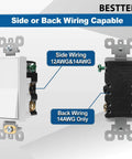 Back of 4 Pack 4 Way Decorator Wall Light Switch with side and back wiring diagram, 15A 120 277V, UL listed.