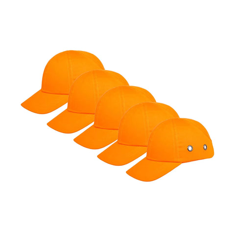 Five Pack Reflective Bump Cap Hard Hat With Breathable Lightweight Safety Cap For Men And Women Adjustable Size With Hook And Loop Twill Neon Orange High Visibility displayed in a row.