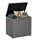 36 Gallon Outdoor Deck Box Waterproof Lockable Resin Storage Chest open with patio cushions, garden tools, pool accessories inside