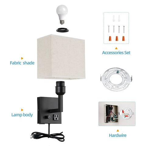 Plug In Wall Sconce With USB Charging Port And Dimmable Switch, Bedside Nightstand Lamp showing components and accessories