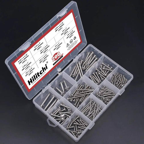 Badass 304 Stainless Steel Phillips Truss Self Drilling Sheet Metal Tek Screws Assortment Kit in clear storage box with 200 screws.