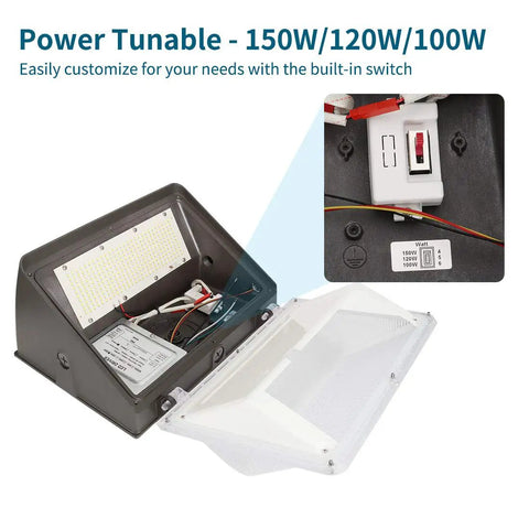 2-Pack 150W LED Wall Pack Light With Photocell showing internal wiring and power tunable switch for wattage adjustment