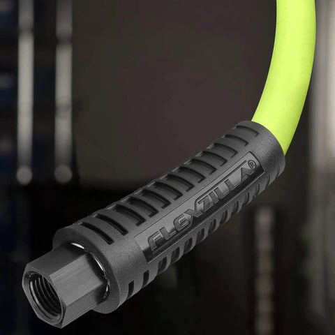 Close-up of Ball Swivel End Air Hose With Three Eighth Inch By Six Foot Length, Heavy Duty Lightweight Hybrid Polymer That Is Kink Free