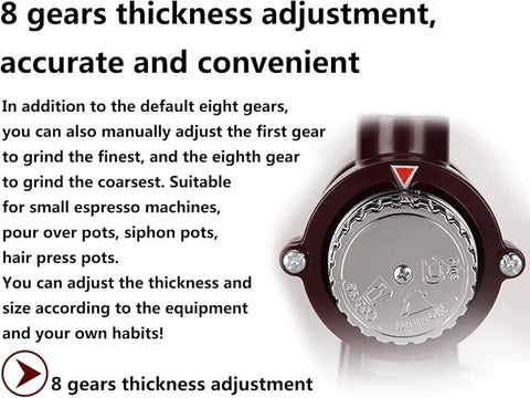 Adjustable eight gear thickness settings on Portable Stainless Steel Electric Conical Burr Coffee Grinder for precise grinding.