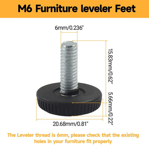 M6 Threaded Adjustable Furniture Leveling Feet, 6mm steel stem, black rubberized base; dimensions marked for precision installation.