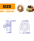 M8 1.25mm Anti Loosening Serrated Hex Flange Lock Nuts Yellow Zinc Plated with dimensions and diagram
