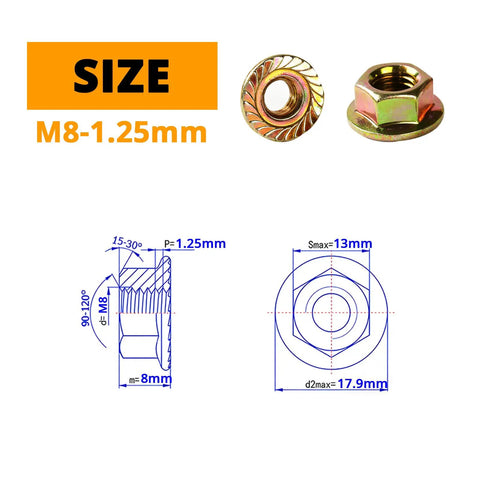 M8 1.25mm Anti Loosening Serrated Hex Flange Lock Nuts Yellow Zinc Plated with dimensions and diagram