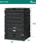 Big 120 Gallon Outdoor Compost Bin With Snap On Top Lid And Aeration System Lightweight Easy Assembly Tumbler For Fast Efficient Yard Waste To Rich Garden Soil, shown in black with measurements.