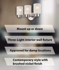 Three Light Brushed Nickel Bathroom Vanity Light Fixture With Frosted Seeded Glass No Fuss Install Wall Sconce For Damp Locations Bulbs Not Included Modern Farmhouse Look mounted up.