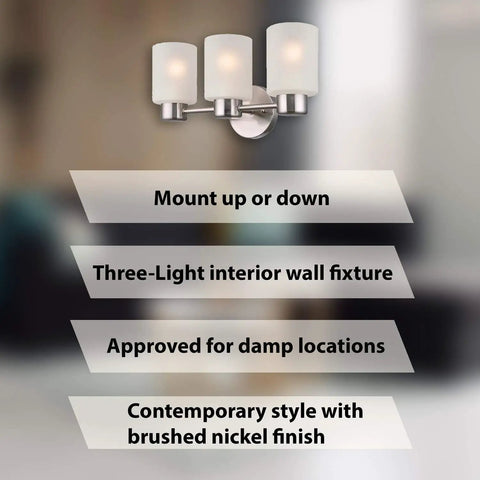 Three Light Brushed Nickel Bathroom Vanity Light Fixture With Frosted Seeded Glass No Fuss Install Wall Sconce For Damp Locations Bulbs Not Included Modern Farmhouse Look mounted up.