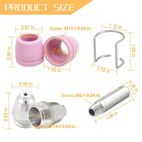 24 Pcs AG60 SG55 WSD 60P Car Plasma Cutter Consumables Kit component sizes and details with copper ceramic tips.