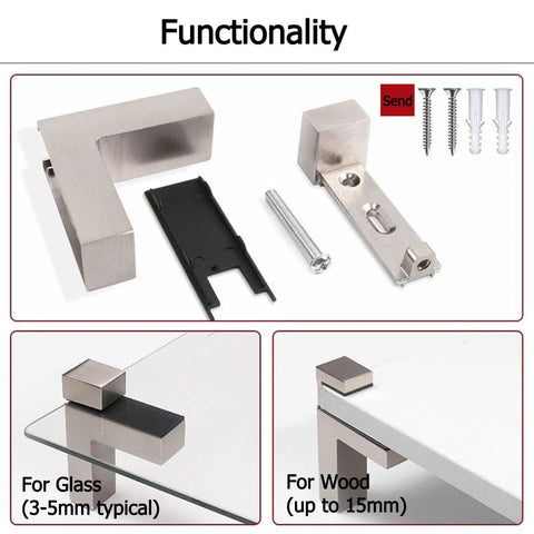 Four Pack Mini Brushed Zinc Alloy Glass Shelf Clamps With Rubber Cushions, Adjustable Wall Mount Brackets shown with screws and tools