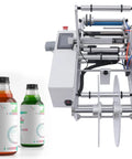 No Sweat Semi Automatic Round Bottle Labeling Machine Smooth Operator Label Applicator with two labeled plastic jars.