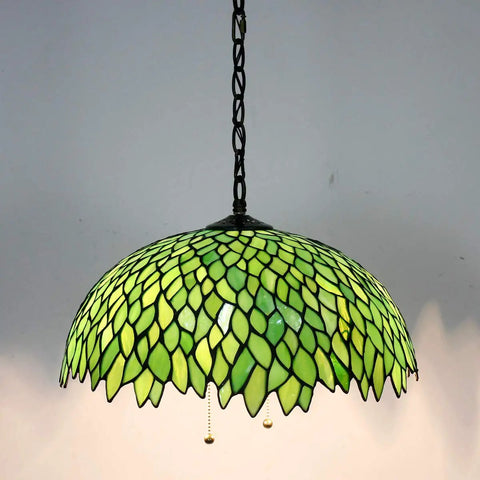 Green Stained Glass Lampshade Replacement, 16 Inch Wide by 7 Inch High, Vintage Wisteria Pattern for Table Lamps