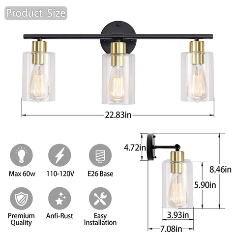 Three Light Matte Black And Gold Bathroom Vanity Light Fixtures With Glass Shade Dope Modern Wall Sconce Industrial Style For Bathroom Bedroom Hallway Living Room Porch Dimmable With E26 Base Bulbs Not Included, dimensions shown