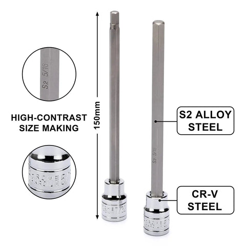 Extra Long Hex Bit Socket Set Three Eighths Inch Drive With Chrome Vanadium Steel S2 Bits showing size markers and materials.